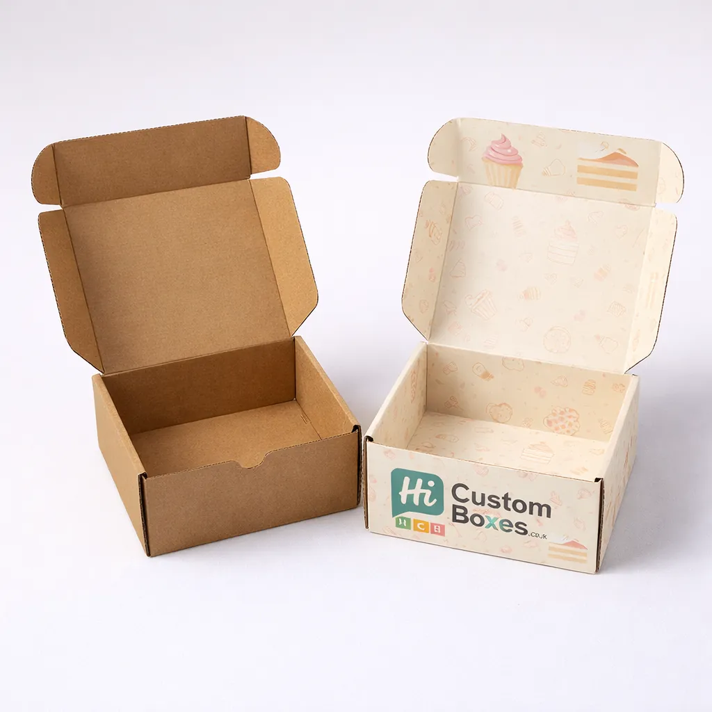 Two premium flip-top magnetic boxes, one blank white and one with custom blue floral illustrations. class=